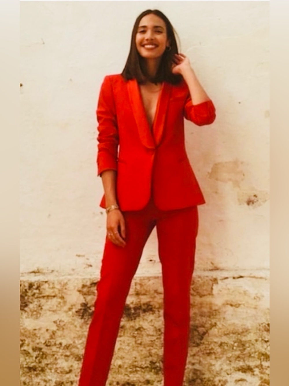 Zara Red Tailored Tuxedo Shawn Satin Collar One Button Blazer/like new/sz small